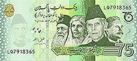 Pakistan 75 rupee independence anniversary banknote (green)